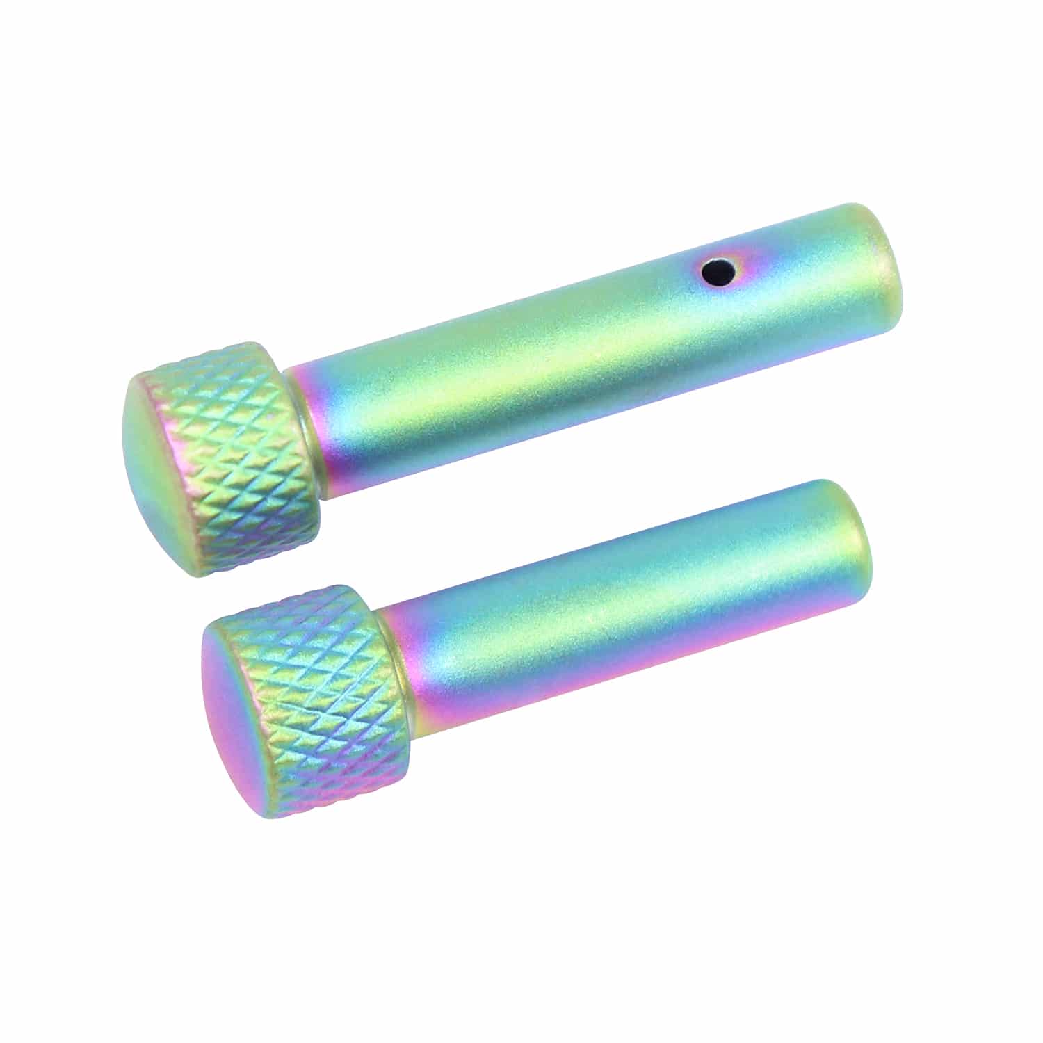 AR 5.56 Cal Extended Takedown Pin Set (Gen 2) with Matte Rainbow PVD Coated finish, showing knurled knobs and cylindrical shafts.