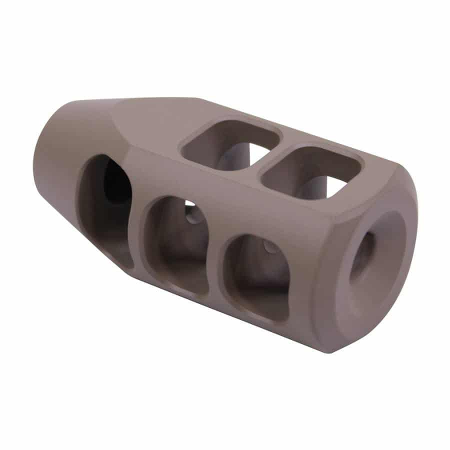 AR .308 Cal Steel Multi Port Compensator Gen 2 in Flat Dark Earth finish with side and top ports.