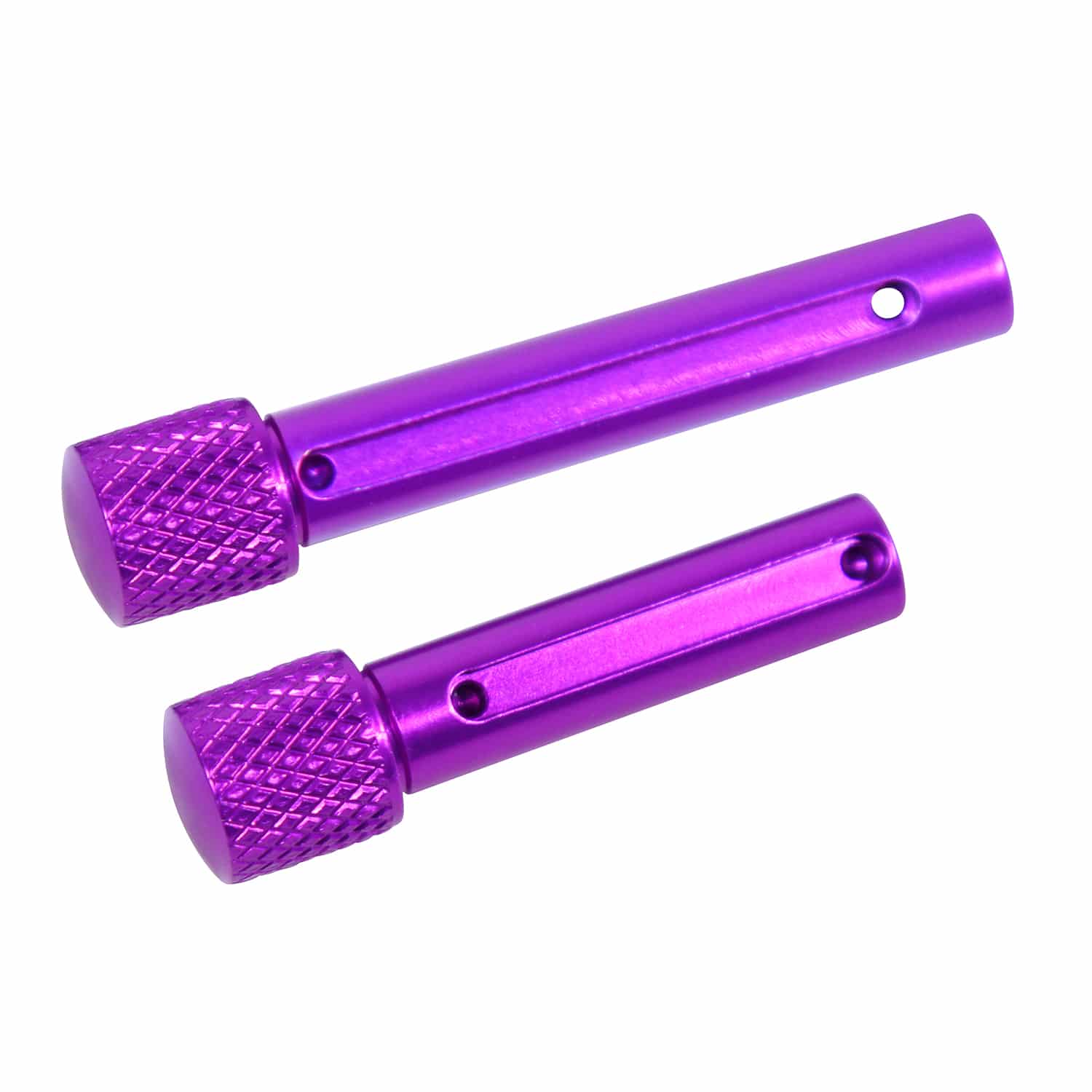 AR .308 Cal takedown pin set with anodized purple finish and knurled knobs