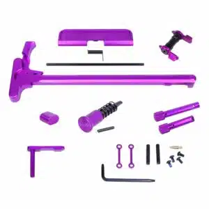 AR .308 Cal Accent Kit in anodized purple finish, showing charging handle, mag catch lever, safety, and hardware components.