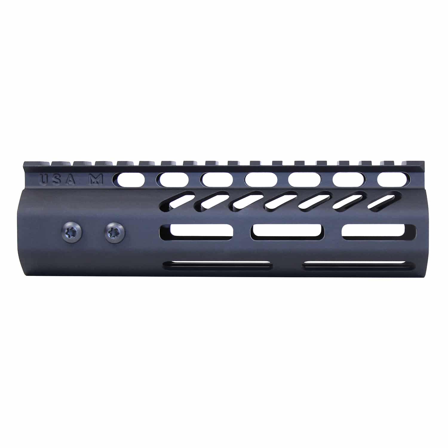 Anodized black 7 inch M-LOK handguard with monolithic top rail and ventilation slots
