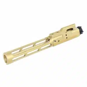 Gold titanium nitride coated skeletonized low mass bolt carrier group for AR-15