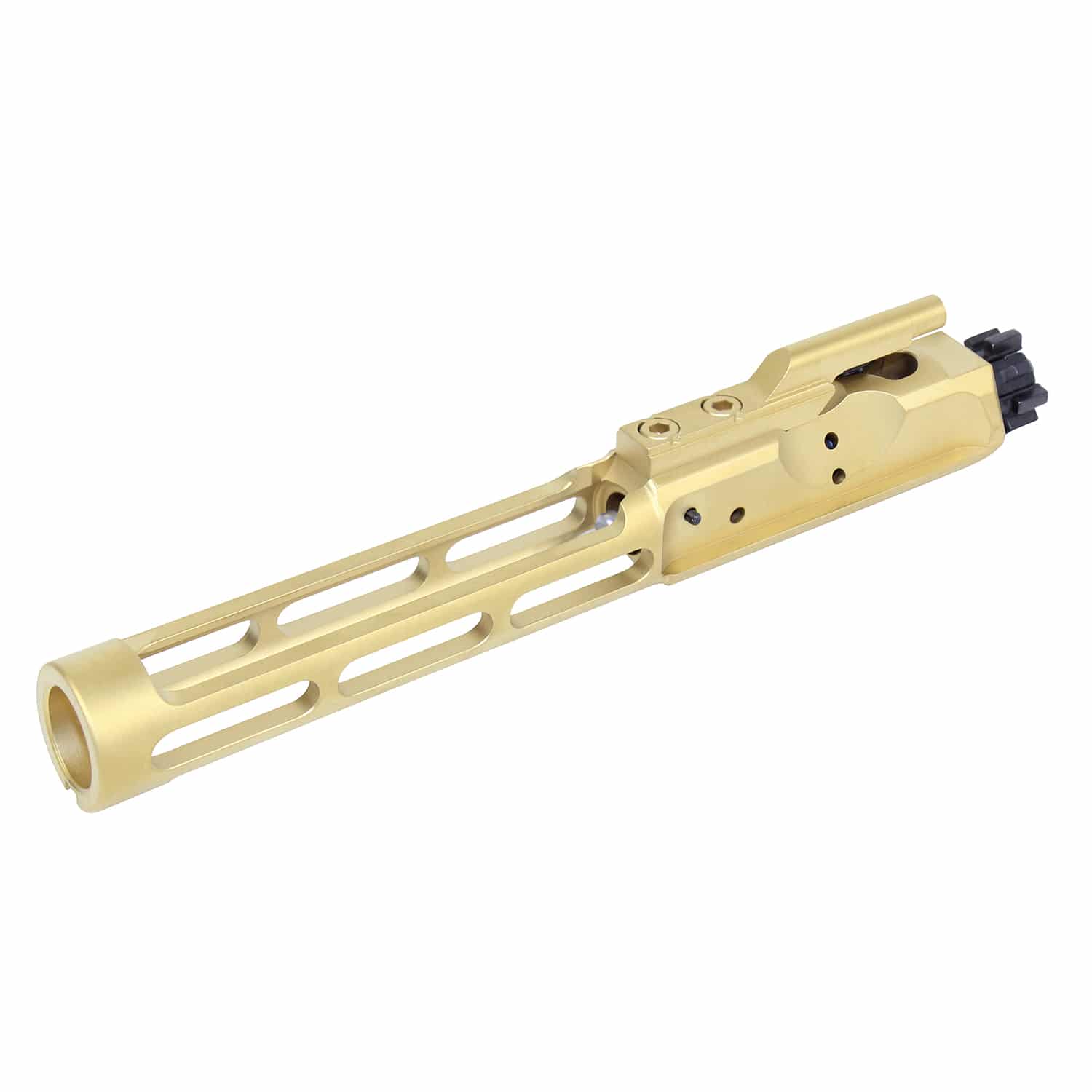 Gold titanium nitride coated skeletonized low mass bolt carrier group for AR-15