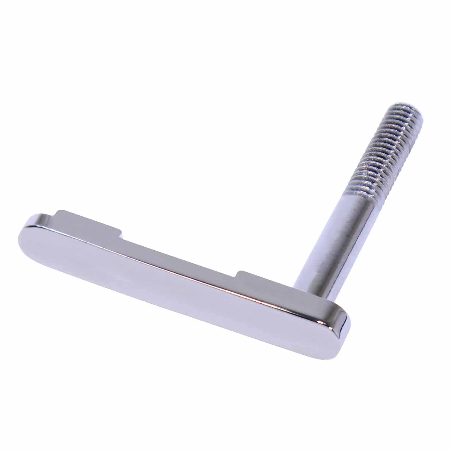 AR-15 Mag Catch Lever with Black Chrome finish, showing machined head and threaded shaft.