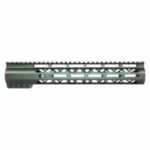 Olive green 12 AR handguard, M-LOK cutouts, Picatinny rail, modular, lightweight design.