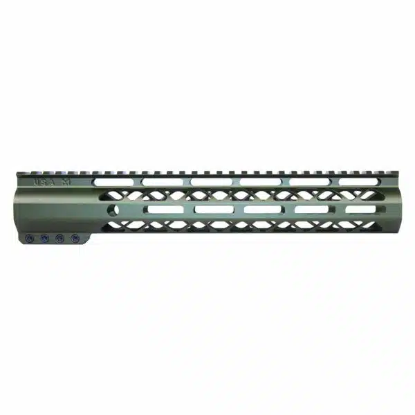 Olive green 12 AR handguard, M-LOK cutouts, Picatinny rail, modular, lightweight design.
