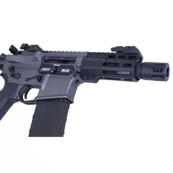 Compact black AR-style pistol with muzzle brake, tactical rails, for close-quarters maneuverability.