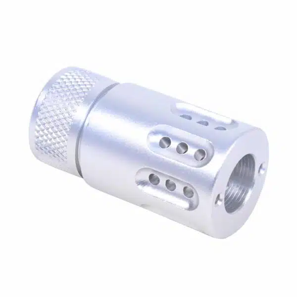 Aluminum AR .308 barrel shroud with knurled grip and ported design in anodized clear finish.