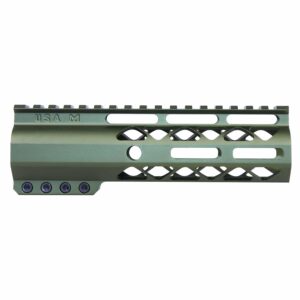 Green AR-15 M-LOK free-floating handguard with Picatinny rail and cutouts for lightweight durability.