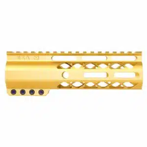 Anodized Gold 7 inch AIR-LOK M-LOK handguard with monolithic top rail and skeletonized cuts