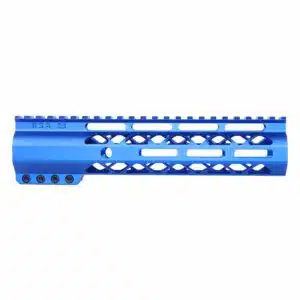 9 inch AIR-LOK Series M-LOK handguard in anodized blue with monolithic top rail and skeletonized body
