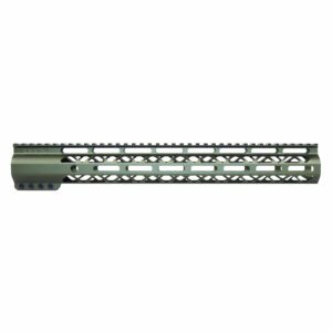 Olive drab tactical handguard, M-LOK slots, lightweight, free-floating, anodized aluminum for AR rifles.