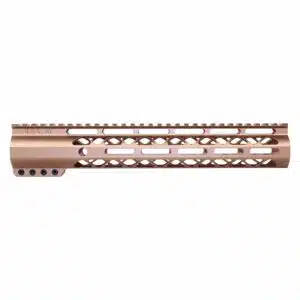 Anodized Bronze 12-inch M-LOK handguard with monolithic top rail and skeletonized side cuts