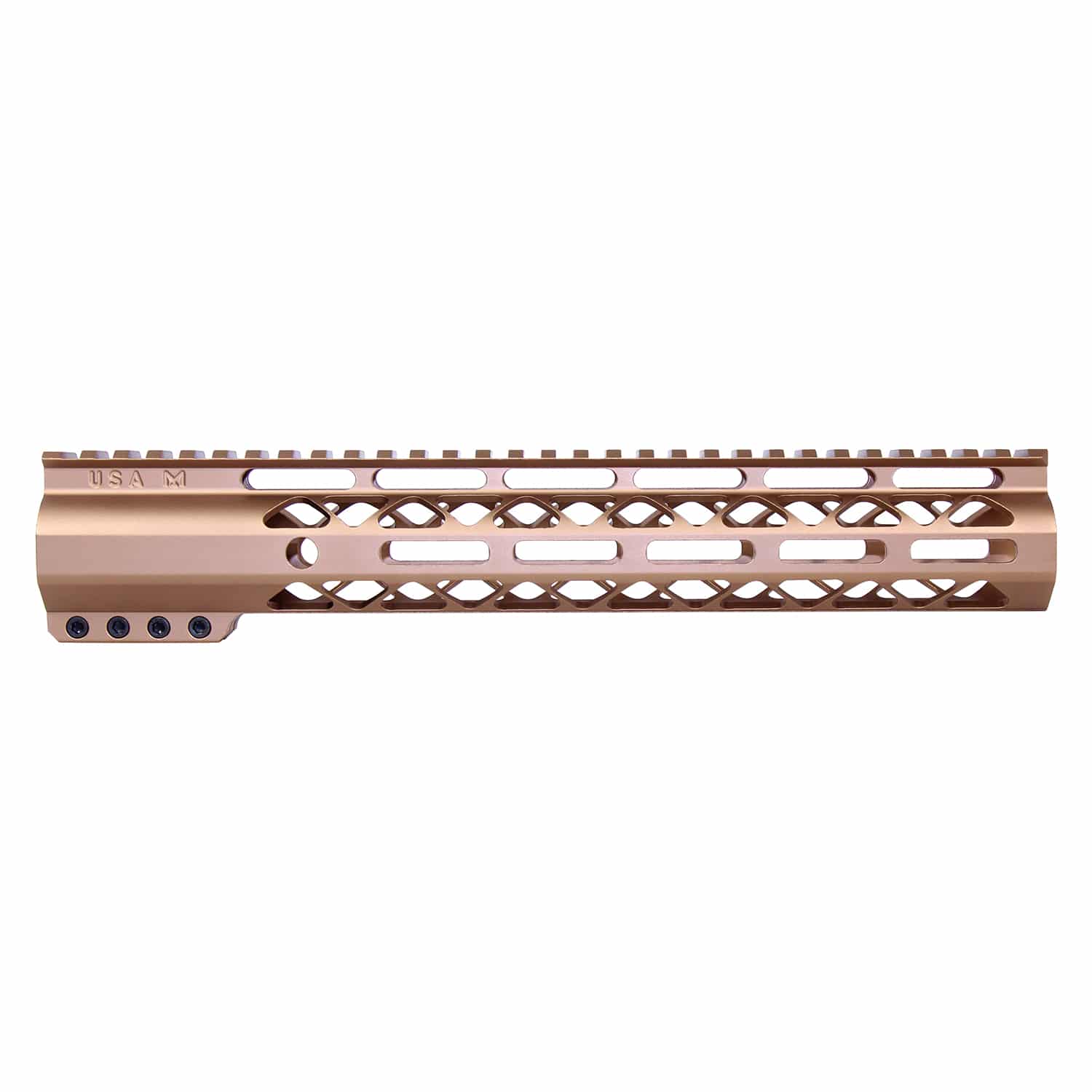 Anodized Bronze 12-inch M-LOK handguard with monolithic top rail and skeletonized side cuts