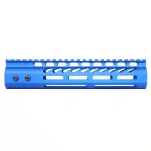 Anodized blue 9-inch M-LOK handguard with monolithic top rail and side cutouts