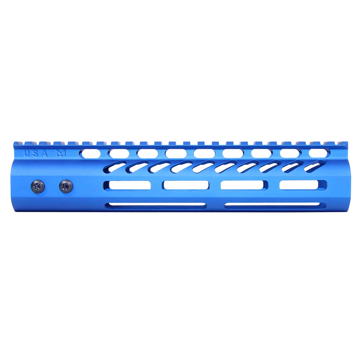 Anodized blue 9-inch M-LOK handguard with monolithic top rail and side cutouts