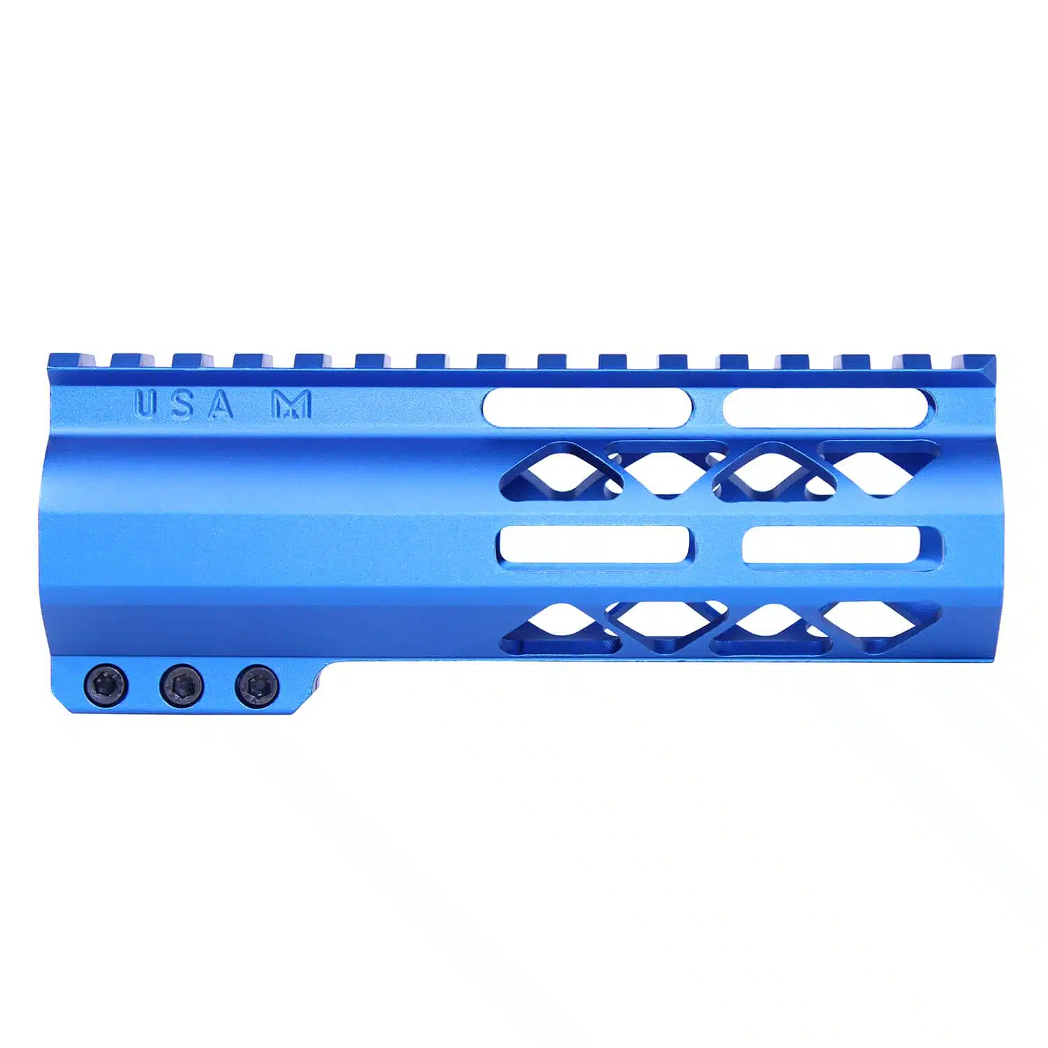 6-inch AIR-LOK Series M-LOK handguard in anodized blue with monolithic top rail and skeletonized cuts
