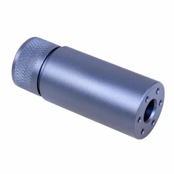 Metallic blue-gray firearm suppressor with knurled grip, threaded end, and sleek matte finish.