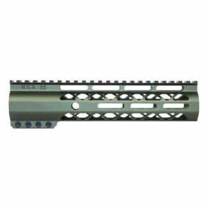 Olive green AR-15 handguard with Picatinny rail for tactical accessory mounting.