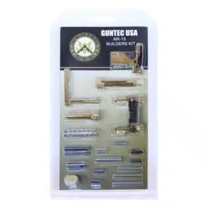 Guntec USA AR-15 Builders Kit with gold plated finish and ambi safety, packaged in clear plastic blister pack.