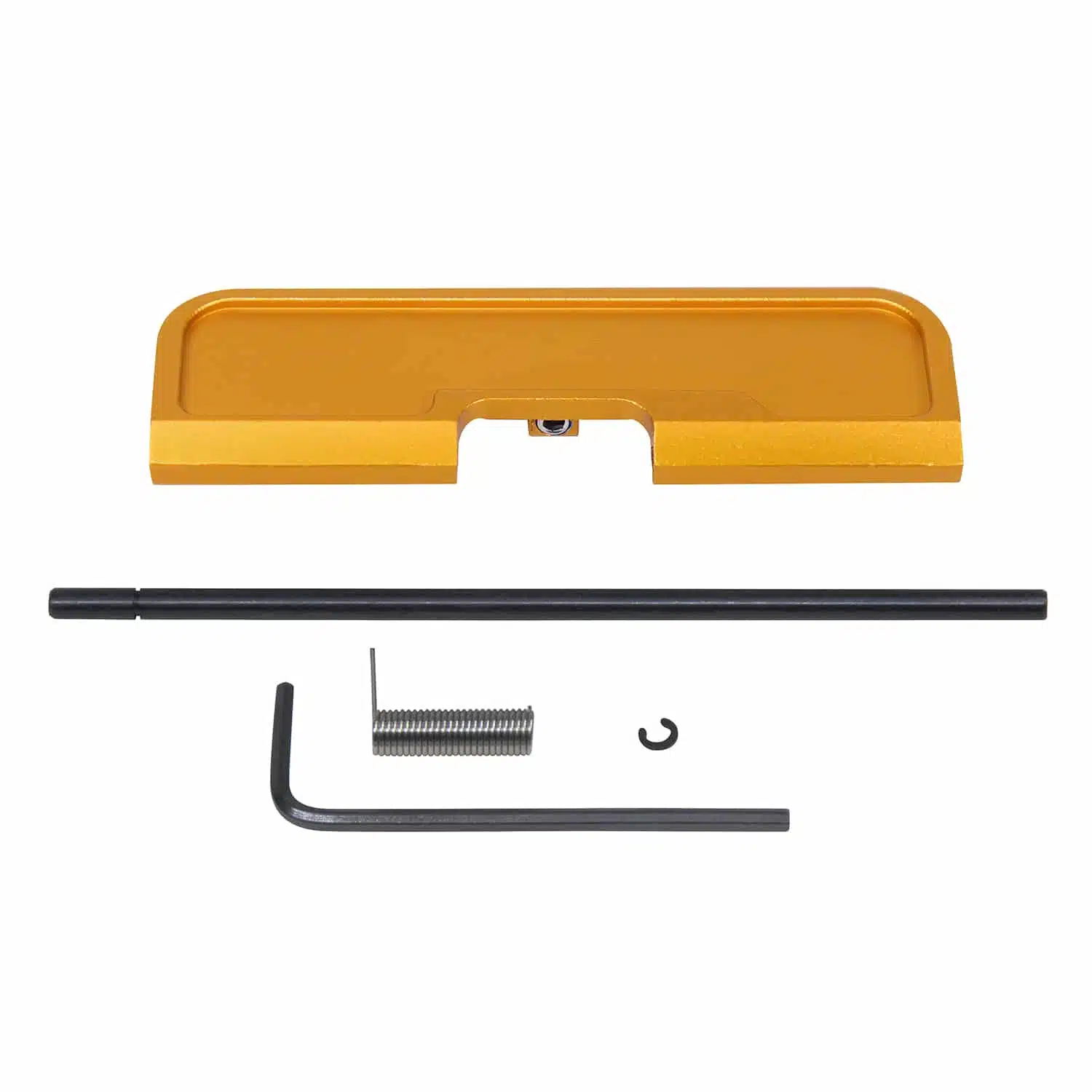 Anodized orange AR-15 Gen 3 ejection port dust cover assembly with rod, spring, and clip