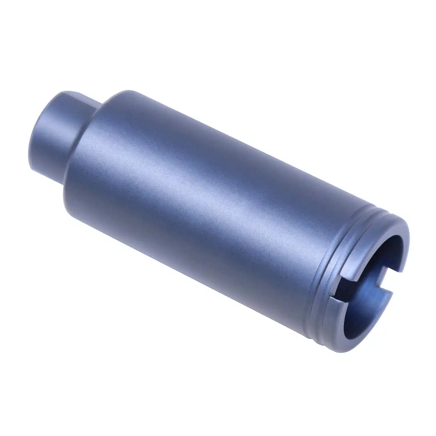 Anodized grey AR-15 slim line cone flash can with 1/2 x 28 threads and 5.56/.223 designation