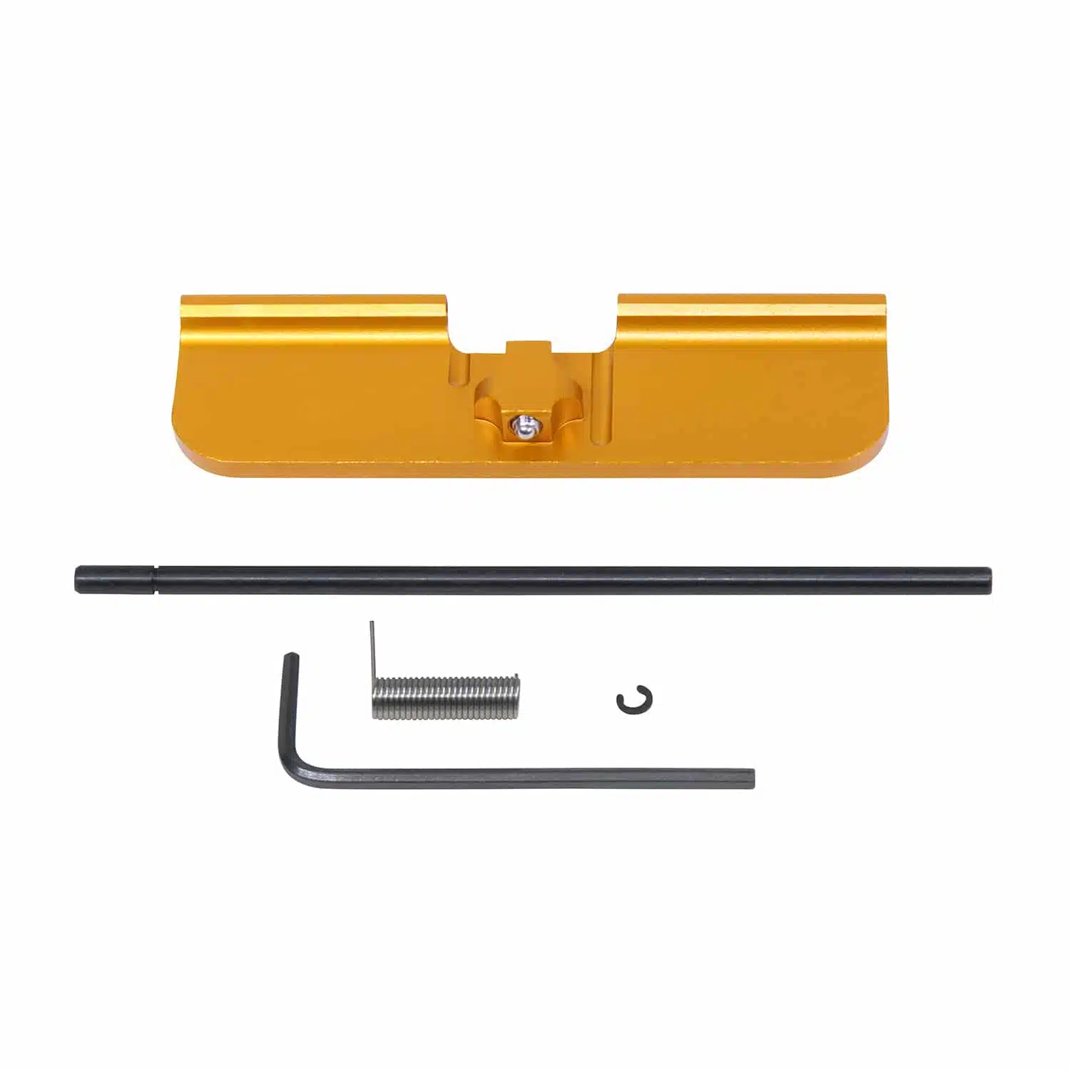 Anodized orange AR-15 ejection port dust cover assembly with hinge pin, spring, and C-clip