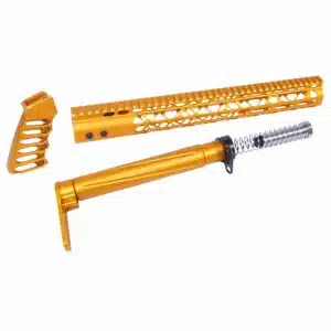 AR-15 Air Lite furniture set in anodized orange finish showing handguard, buffer tube, and pistol grip.