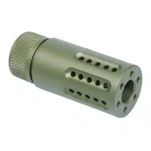 Olive-green AR-15 9mm muzzle brake reduces recoil with precision-drilled ports.