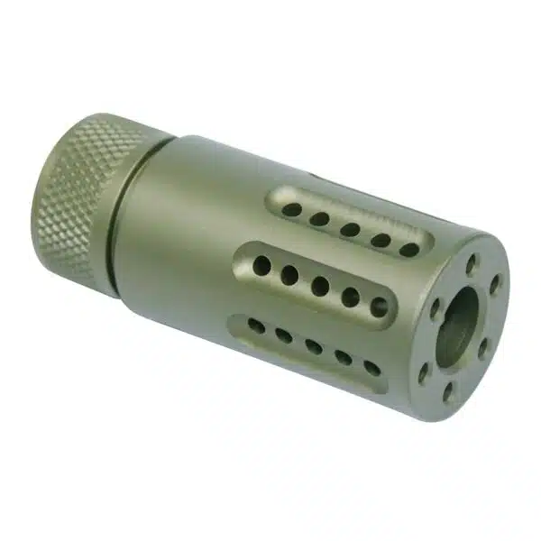 Olive-green AR-15 9mm muzzle brake reduces recoil with precision-drilled ports.