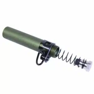 Disassembled olive-green AR-15 tactical component with spring, featuring durable military-style design.