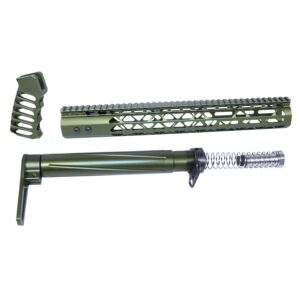 Olive drab AR-15 parts: grip, handguard with Picatinny rail, buffer tube for customization.