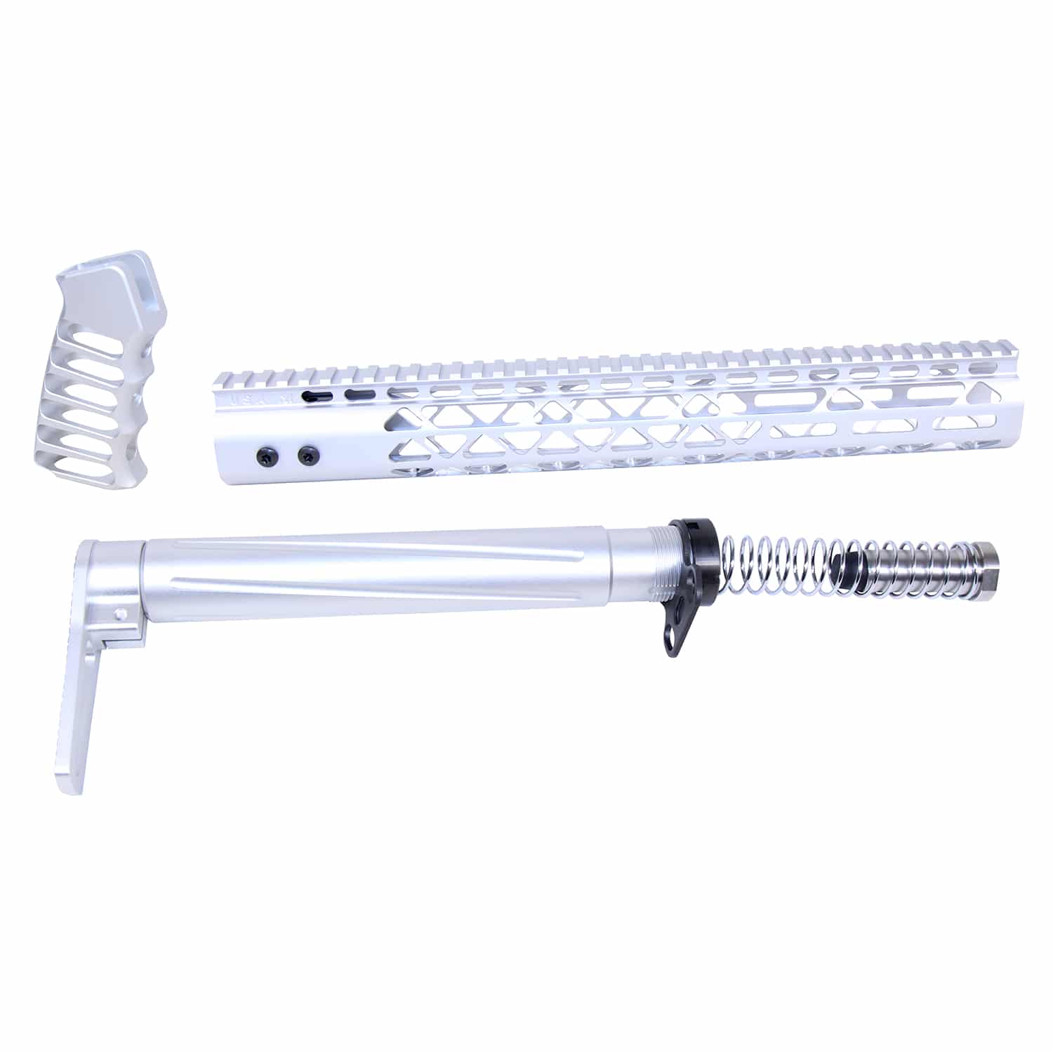 AR .308 Air Lite Series furniture set in anodized clear finish, showing handguard, stock, and pistol grip.