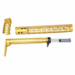 AR .308 Air Lite Series complete furniture set in anodized gold finish, including handguard, stock, and pistol grip