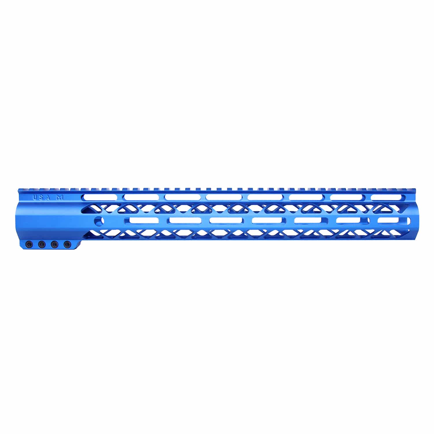 Anodized blue 15-inch Air-LOK handguard with monolithic top rail and skeletonized body