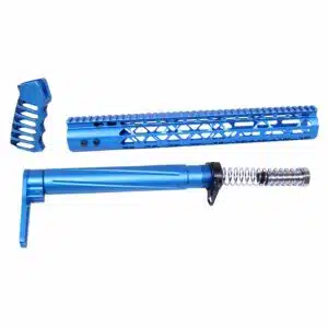 AR .308 AIR Lite Series furniture set in anodized blue featuring a skeletonized grip, 15-inch handguard, and buffer tube assembly.