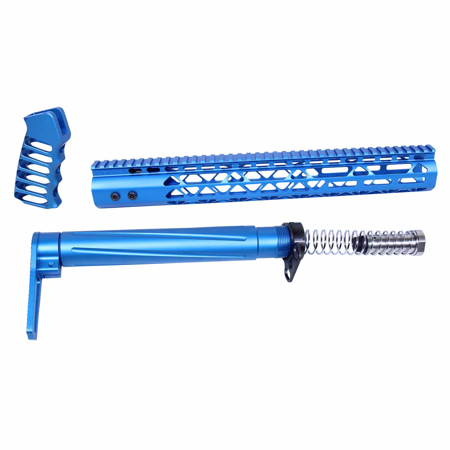 AR .308 AIR Lite Series furniture set in anodized blue featuring a skeletonized grip, 15-inch handguard, and buffer tube assembly.