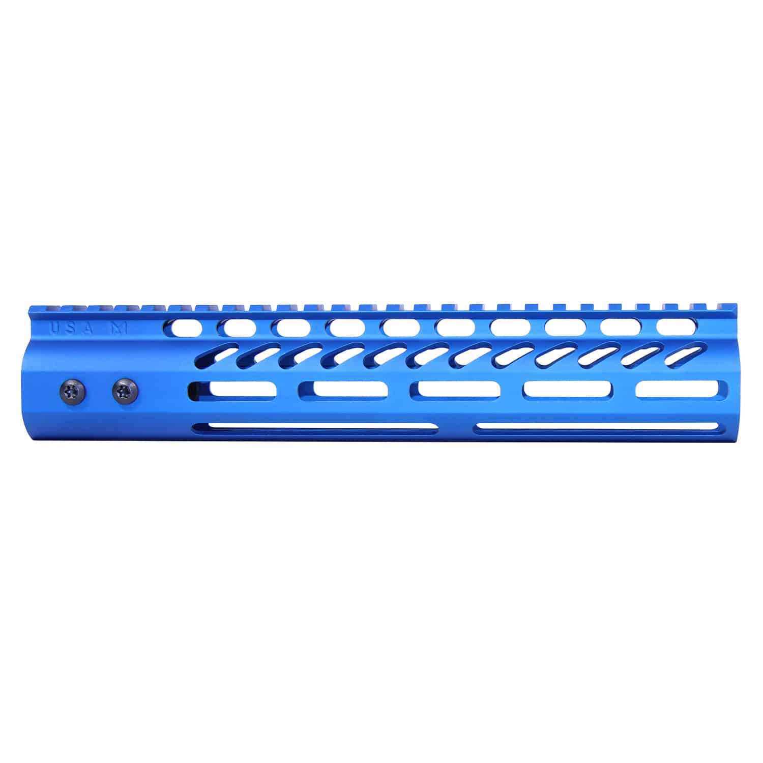 Anodized blue 10-inch M-LOK free-floating handguard with monolithic top rail