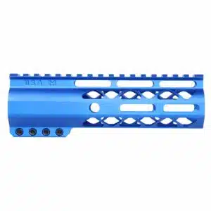 Anodized blue 7-inch M-LOK free-float handguard with monolithic top rail and skeletonized body.