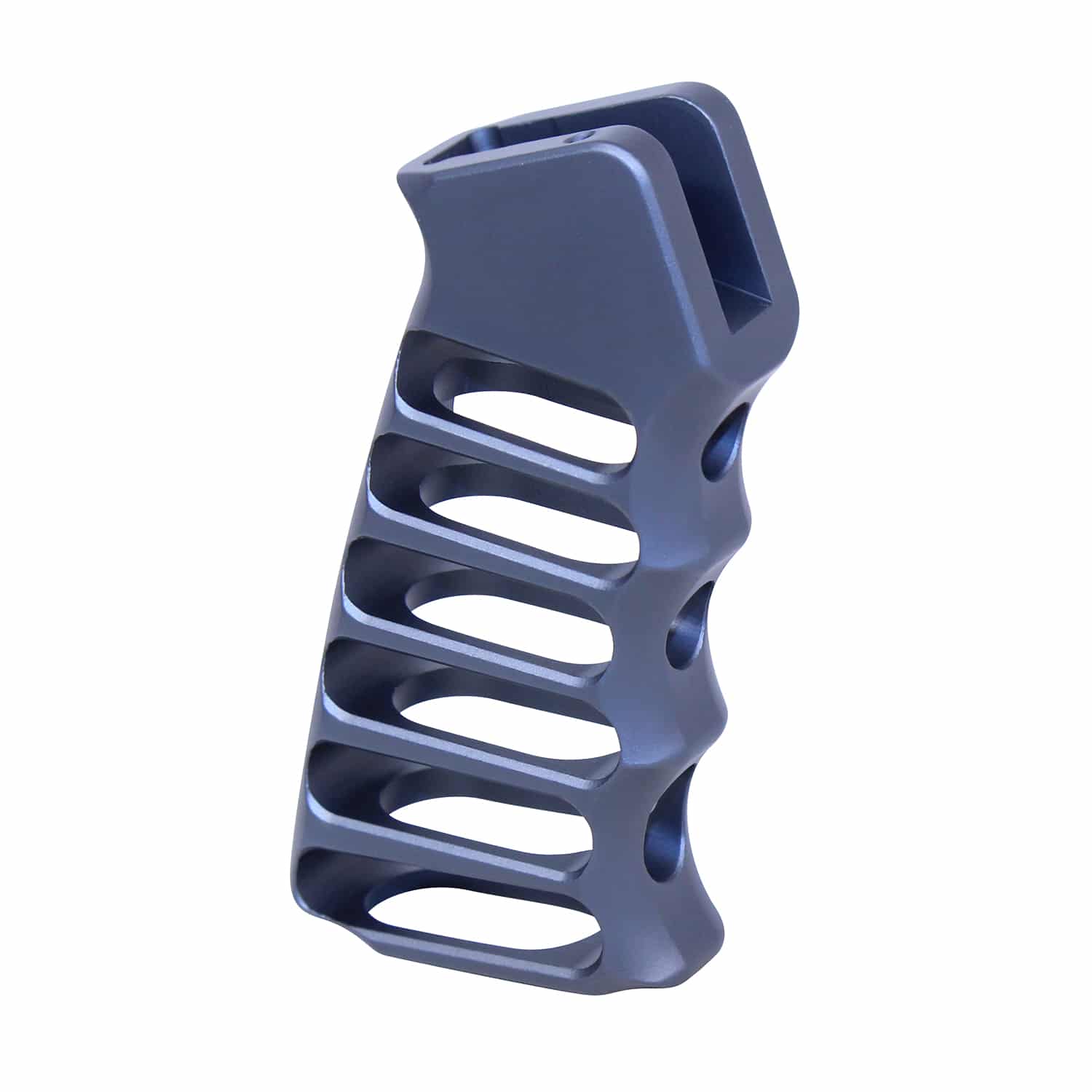 Skeletonized aluminum pistol grip in anodized grey finish with finger grooves