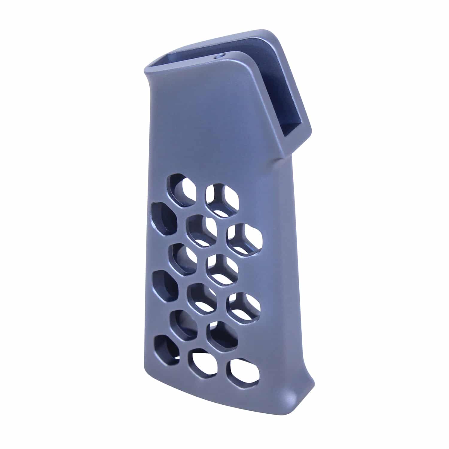 Anodized grey skeletonized aluminum pistol grip with honeycomb cutouts