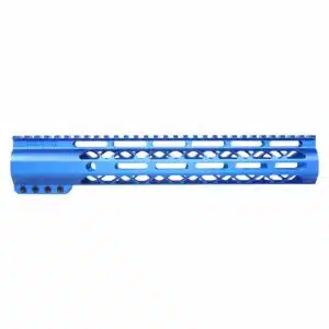 Anodized blue 12-inch AIR-LOK M-LOK handguard with monolithic top rail and skeletonized cuts