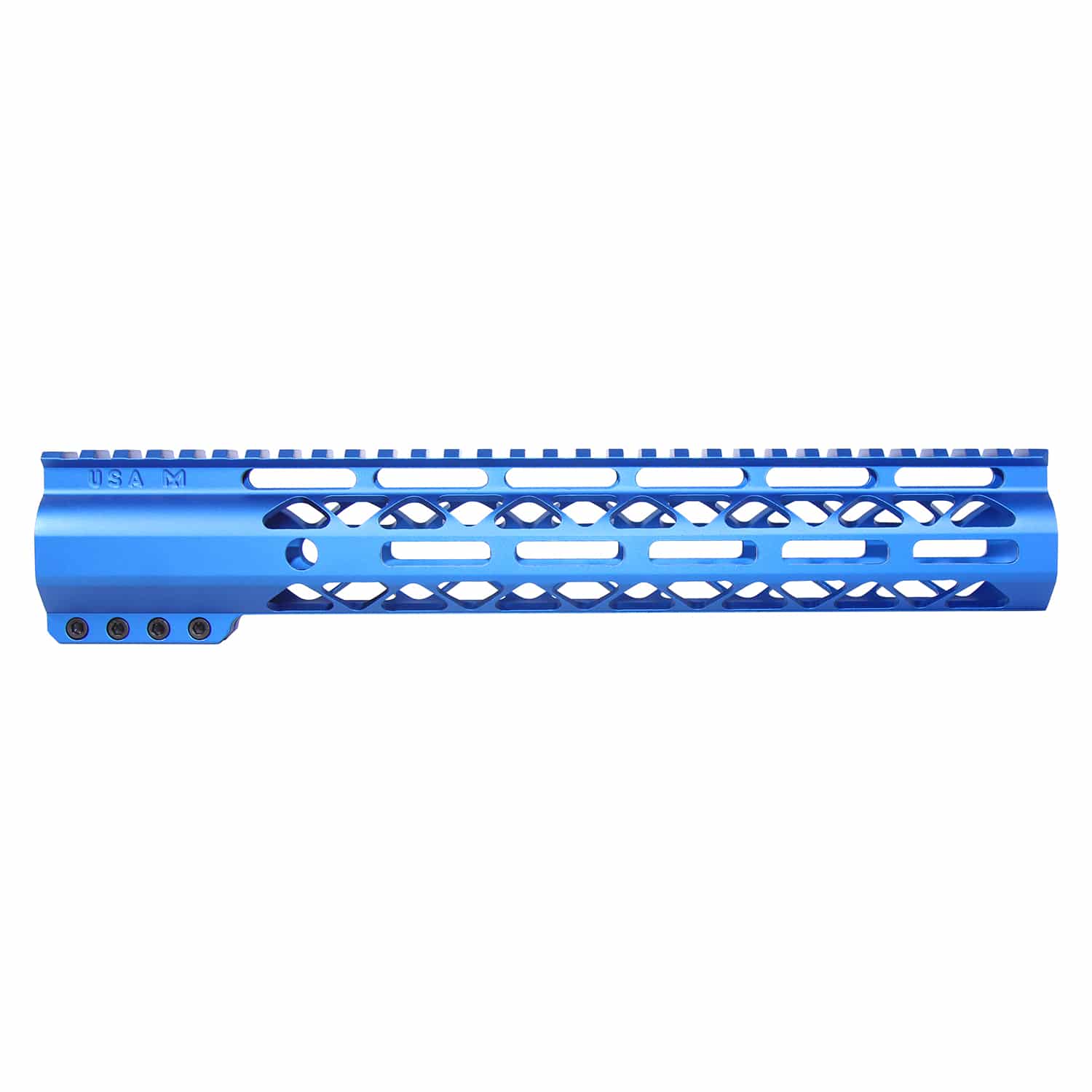 Anodized blue 12-inch AIR-LOK M-LOK handguard with monolithic top rail and skeletonized cuts