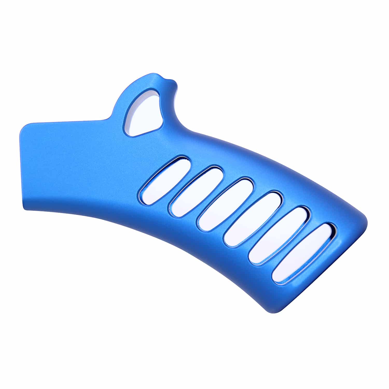 Anodized blue skeletonized aluminum pistol grip with multiple cutouts