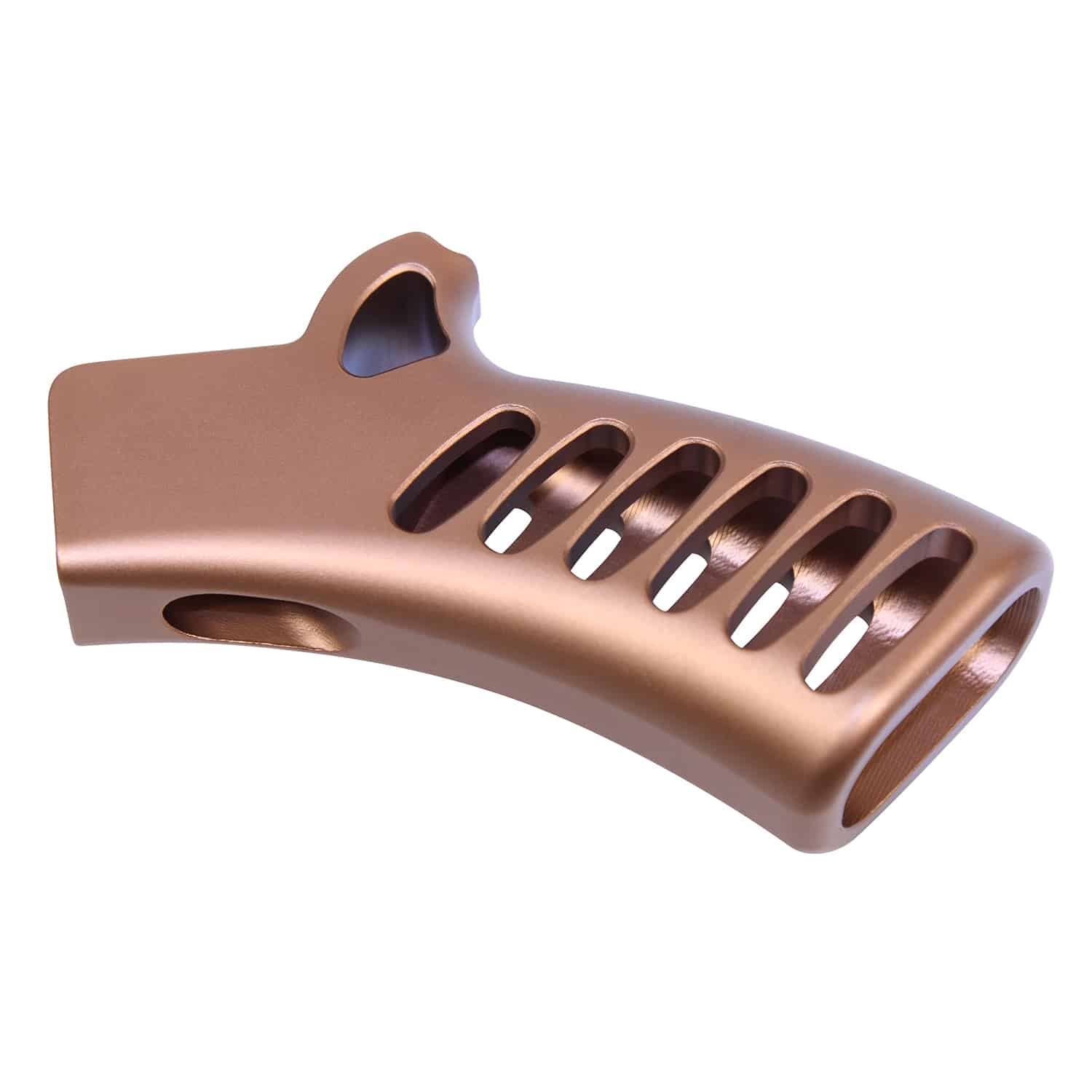 Anodized Bronze featureless grip with skeletonized cutouts, machined from 6061 billet aluminum.