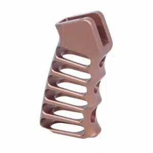 Skeletonized aluminum pistol grip in anodized bronze finish with finger grooves