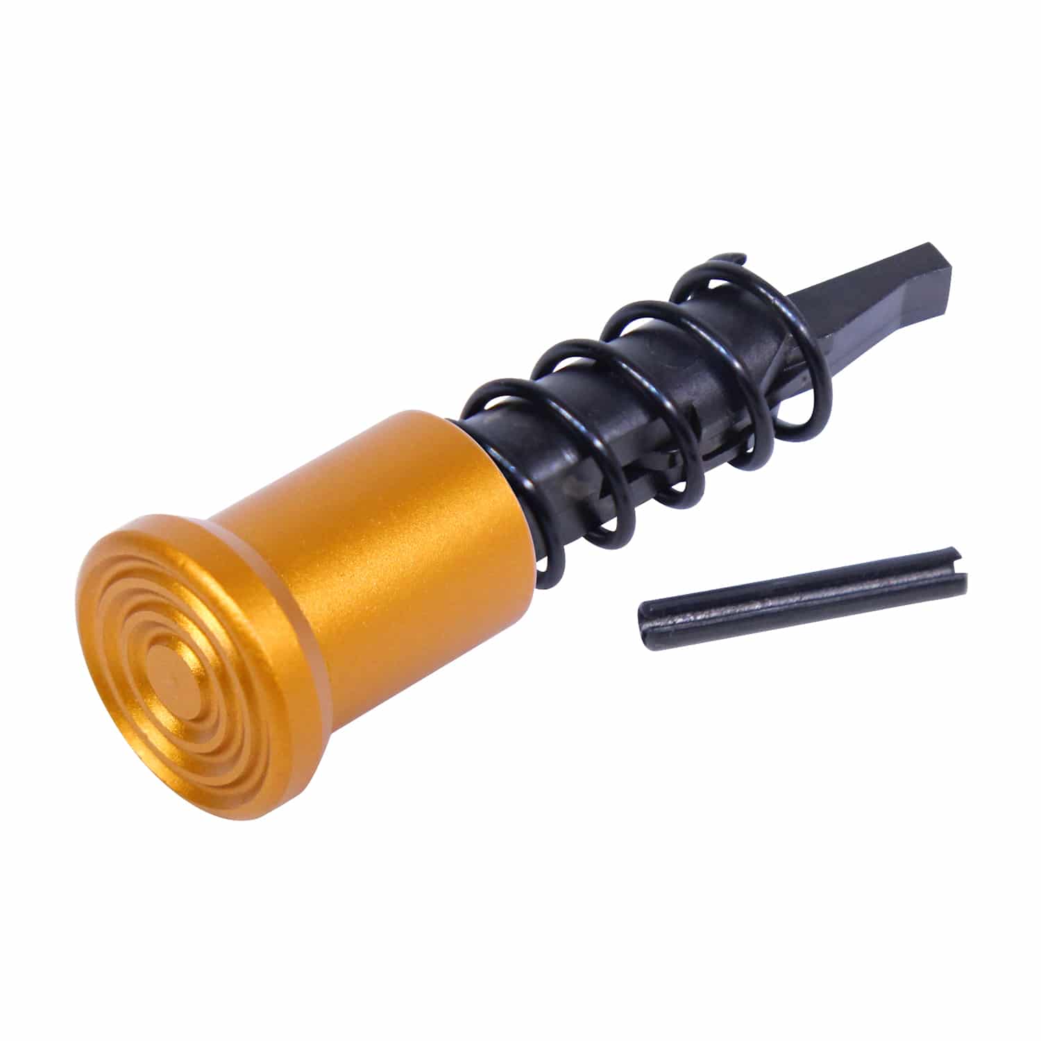 AR-15 forward assist assembly with anodized orange button, black spring, and pin