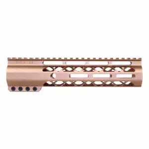 Anodized bronze 9-inch M-LOK handguard with monolithic top rail and skeletonized cuts