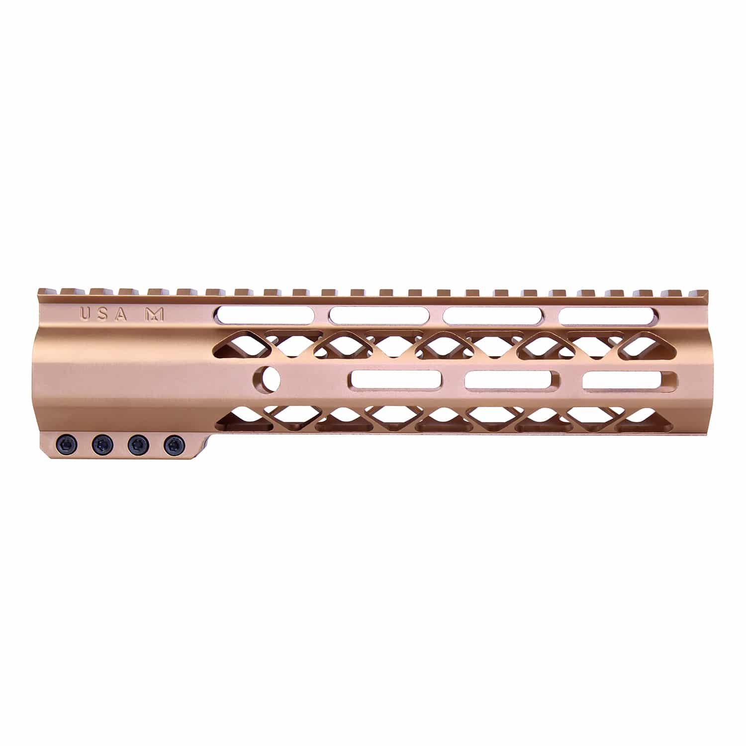Anodized bronze 9-inch M-LOK handguard with monolithic top rail and skeletonized cuts