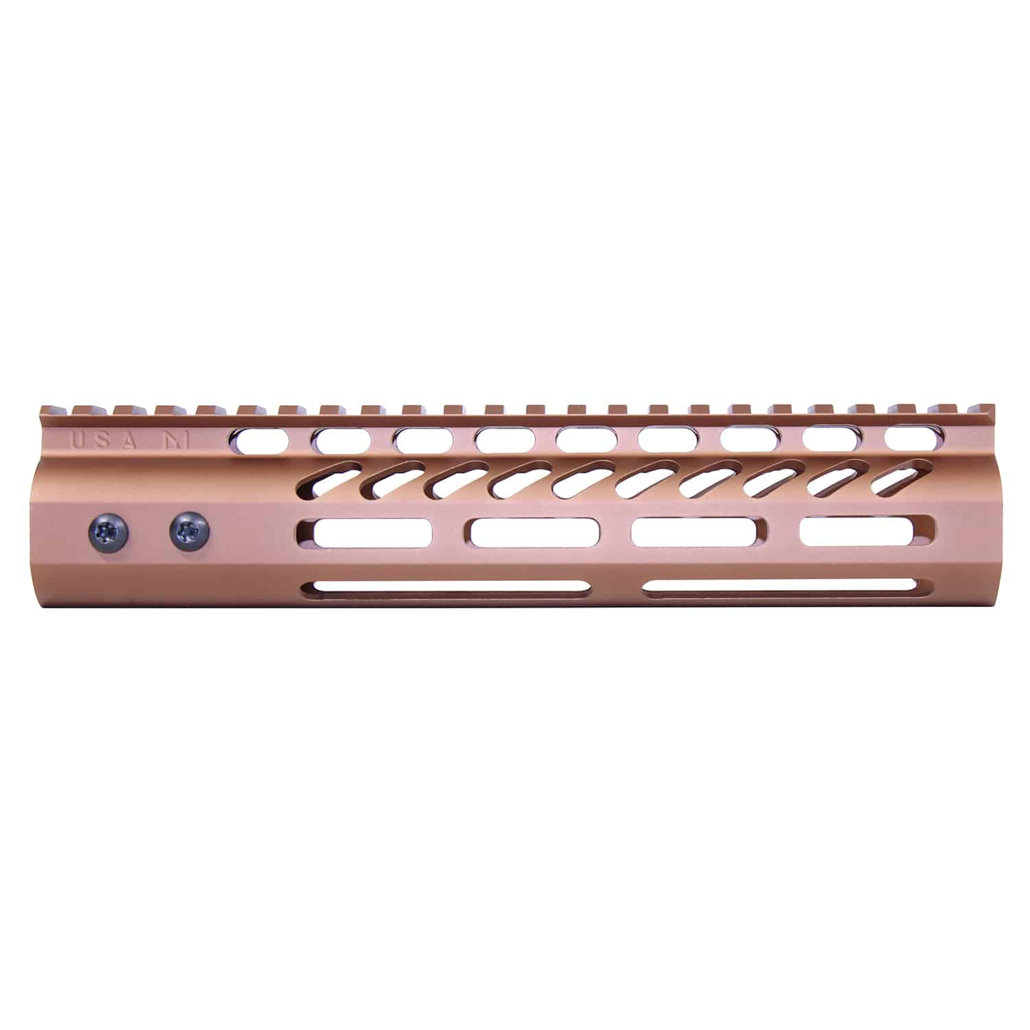 Anodized Bronze 9-inch M-LOK free floating handguard with monolithic top rail and visible mounting screws.